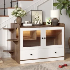 SEVOBAL Pet Crates And Houses Modern Glass Door Litter Cabinet Multi Function Pet Furniture Playful Design, Brown, 43"*23.6"*27.95"