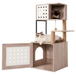 SEVOBAL Pet Tower All-in-One Cat Tree With Litter Box Enclosure, Featuring Hammock, Bed, Food Station, Scratching Posts, Beige, 25.59"*20.08"*7.68" -Household Items GUEST 7ebcc52e c11e 47a2 93c4 0cfcb5f13c93