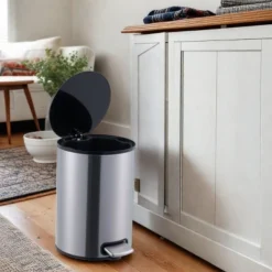 SEVOBAL Trash Can Kitchen Garbage Can Trash Cans Round Stainless Steel With Soft Close Lid Step Foot Pedal Bathroom Toilet, Gray, 14"*10"*10"