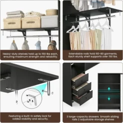 SEVOBAL Freestanding Coat Racks Expandable Wardrobe Rack With 3 Drawers And Shelves, High-Capacity Closet Organizer, Black, 10.5"*44"*20.5" -Household Items GUEST 8023f5ea 1e04 4b5d b871 766d86f02374