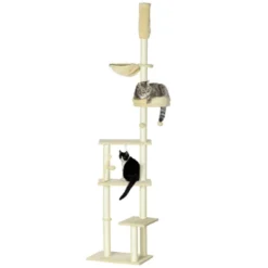 SEVOBAL Floor To Ceiling Cat Tree Adjustable Height, Cat Climbing Tower With Carpeted Platforms, Toy Balls, Beige, (21.25"*13.5"*98.5")