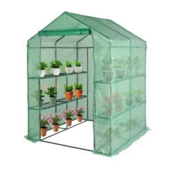 SEVOBAL Greenhouse Iron Pipe Steeple With 8 Pieces Grid Flower Stand With Zipper Rolling Door PE Green House Walk In Planting, Green, 93"*28"*18" -Household Items GUEST 867abbd6 aad0 4718 89a1 93af72816e56