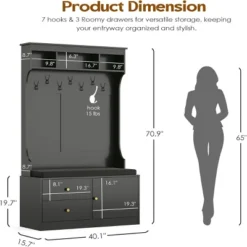 SEVOBAL Freestanding Coat Racks Hall Tree With Storage Bench And Storage, Entryway Organizer With 7 Hooks For Farm Lovers, Black, 70.9"*40.1"*19.7" -Household Items GUEST 86b3aa1d 08df 4c19 a8cd b67ff1702d6d