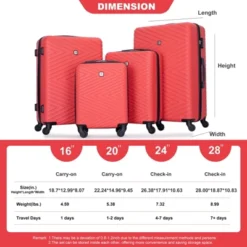 SEVOBAL Luggage 4 Piece ABS Lightweight Suitcase Set With TSA Lock Rotating Wheels For Travel, Red, 20.2"*11.5"*30.15"