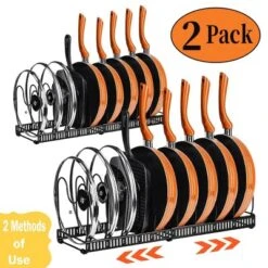 SEVOBAL 2PC Pot Rack Expandable Pan Organizer Lid Holder 10 Adjustable Compartment Kitchen Cabinet Cookware Baking Rack, Black, 12.48"*8.19"*4.68" -Household Items GUEST 8928cfa1 4e70 4f7c 9688 bf29e4c1df16