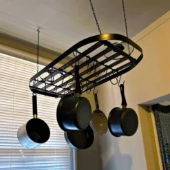 SEVOBAL 33" Oval Cookware Hanging Pot Rack Ceiling Mount Organizer 12 Hooks Pots Pans Storage Kitchen Easy Assembly, Black, 33.54"*17.36"*1.56"