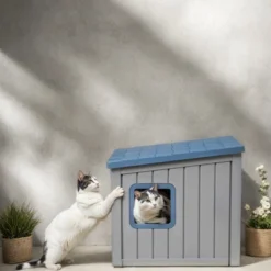 SEVOBAL Pet Crates And Houses Slanted Roof Pet House Two Entry Doors Rain Protection Simple Setup For Indoor Outdoor Use, Blue, 24.65"*21.5"*22.21"