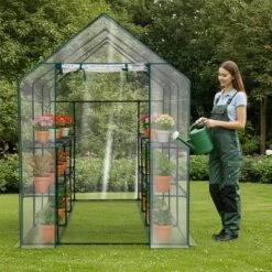SEVOBAL Greenhouse Outdoor Durable PE Plant Green House For Frost Protection Shelf Clips Roll-up Zipper Door Walk-in For Planter, Clear, 99"*37"*13"