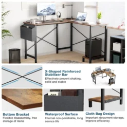 SEVOBAL Desks L Shaped Computer Desk, Gaming Corner Office Writing PC Wooden Table With CPU Storage Shelf And Side Bag, Brown, 50"*43.2"*29.5" -Household Items GUEST 9a2a7b7e ee8b 4f26 aef9 8ff7cf4904f6