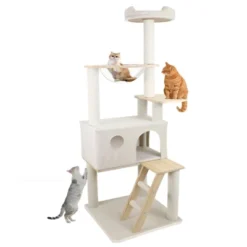 SEVOBAL Pet Tower Wooden Cat Tree With Spacious Condo, Transparent Spacecraft, Multi-Level Playground For Large Cats, White, 20.67"*12.4"*20.87" -Household Items GUEST 9f56296c 8c82 49d3 bfbf 9811be76505c