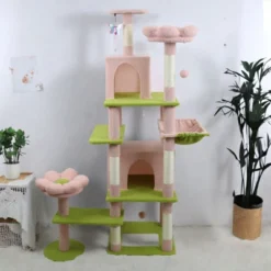 SEVOBAL Pet Tower Floral Cat Tree With Spacious Condo And Hammock, Multi-Level Playground For All Age Cats Playing, Sleeping, Pink, 20"*20"*14.4"