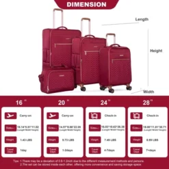 SEVOBAL Luggage 4 Piece Set Softshell Suitcase With Spinner Wheels For Travel Convenience, Red, 18.91"*12.21"*31.32"