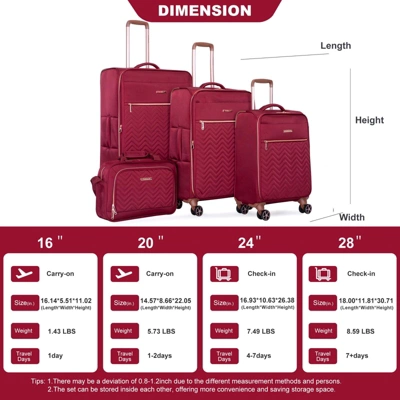 SEVOBAL Luggage 4 Piece Set Softshell Suitcase With Spinner Wheels For Travel Convenience, Red, 18.91"*12.21"*31.32" 3 SEVOBAL Luggage 4 Piece Set Softshell Suitcase With Spinner Wheels For Travel Convenience, Red, 18.91"*12.21"*31.32"