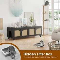 SEVOBAL Pet Crates And Houses Double Large Hidden Cat Litter Box Enclosure Furniture Cabinet With Rattan Doors, Black, 57.9"*19.7"*19.7" -Household Items GUEST a19484dc 1230 4412 9f56 9c39c0c19495