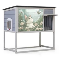 SEVOBAL Pet Crates And Houses High-Legged Rainproof Outdoor Cat House With Windproof Curtain And Customizable Roof Cover, Grey, 35.40"*21.60"*32.30" -Household Items GUEST a4468c53 e310 410e 9331 b650ba7a293f