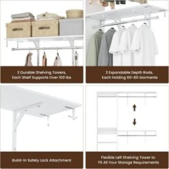 SEVOBAL Freestanding Coat Racks 5 Shelves And 4 Rods Heavy-Duty Wood Closet Organizer System， Adjustable Storage For Using, White, 15.8"*96.1"*75" -Household Items GUEST a847f2c5 7a64 4ae0 83b8 7958e585913c