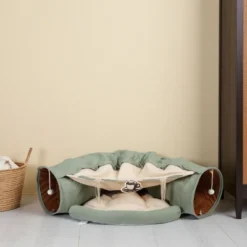 SEVOBAL Cat Tunnel Bed Combo With Teasing Ball Indoor Tunnel Tubes Toy Zipper Connection Removable Washable Mat And Scratching Ball Non-Skid Floor Mat