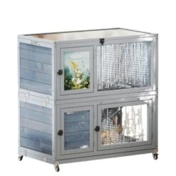 SEVOBAL Pet Crates And Houses Premium Two Level Small Animal Hutch With Safety Ramps And Slide Out Trays Easy Access Design, Grey, 35.4"*19.7"*36.6"