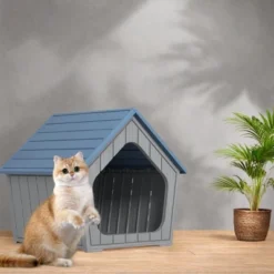 SEVOBAL Pet Crates And Houses Small Wooden Cat House Cozy Sturdy Easy Assembly No Tools Needed For Living Room Bedroom, Blue, 23.43"*22.64"*22.8"