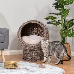 SEVOBAL Handwoven Elevated Cat Bed With Cushion & Stand,Egg Chair Shape Cat Basket Kitty House For Indoor,Brown (16.5"*13"*20.5") -Household Items GUEST b0514164 f0f8 478b bd85 10f3920965c1