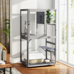 SEVOBAL 35" Catio Outdoor Cat Enclosure Cat Patio Enclosure With 2 Platforms Cat Condo Outdoor Wooden Movable Cats Cage With 4 Wheels Outdoor