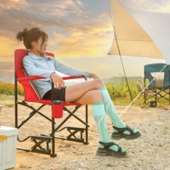 Sevobal Outdoor Portable Chairs Freestyle Rocker Camping Chair With Durable Armrests And Drink Holder For Patio And Backyard, Red, 36.02"*4.92"*25.2"