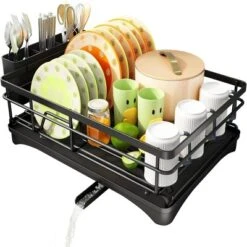 SEVOBAL Dish Drying Rack Dish Rack For Sink Large Dish Rack Drainboard Rustproof Dish Drainer With Utensil Holder Kitchen, Black, 17.16"*12.68"*5.07" -Household Items GUEST c3ccda80 948c 4cea 8725 65eb67328e04