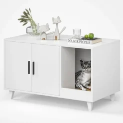 SEVOBAL Pet Crates And Houses, Modern Hidden Cat Box With Scratching Pad, For Living Room, White, 33.5"*18.5"*19.9" -Household Items GUEST c48c7f44 d130 44a5 8b91 ba65a6dbf997