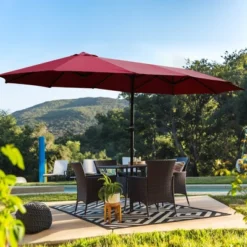 Sevobal Patio Umbrellas Large Double-Sided Rectangular Outdoor Twin Patio Market Umbrella With Light And Base, Red, 180"*180"*80.4" -Household Items GUEST c703e92a 47c4 4bfe b6a6 ee552a690e92