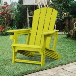 SEVOBAL Outdoor Portable Chairs Folding Adirondack Wooden Textured With Cup Holder Weather Resistant With Cup Holder, Yellow, 29.6"*31.4"*36.4"