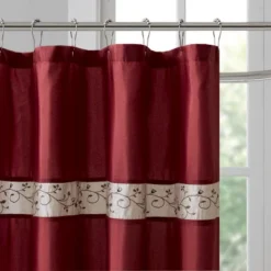 SEVOBAL Shower Curtain Faux Silk With Floral Embroidery And Pintucked Detailing For Elegant Bathroom Decor, Red, 72"*72"*0.13"