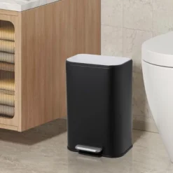 SEVOBAL Trash Can Kitchen Garbage Can Trash Cans Rectangle Stainless Steel With Soft Close Lid Step Foot Pedal Bathroom Toilet, Black, 14"*9"*9"