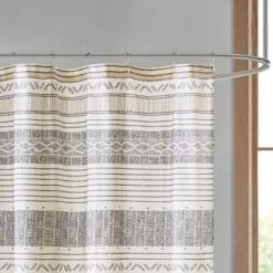 SEVOBAL Shower Curtain Cotton Stripe Printed With Tassel Pom Pom Detail For Bathroom, Gray Yellow, 72"*72"*0.13"