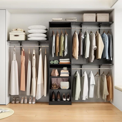 SEVOBAL Freestanding Coat Racks 6 Shelves And 3 Rods Heavy-Duty Wood Closet Organizer System, Adjustable Storage For Using, Black, 15.8"*96.1"*75" 3 SEVOBAL Freestanding Coat Racks 6 Shelves And 3 Rods Heavy-Duty Wood Closet Organizer System, Adjustable Storage For Using, Black, 15.8"*96.1"*75"