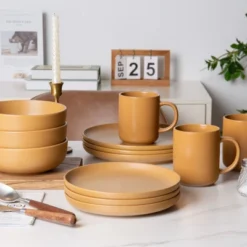 SEVOBAL 12-Piece Stoneware Dinnerware Set Mug Microwave Dishwasher Friendly Stackable Matte Glaze Plates Bowls Service For 3, Orange, 10"*10"*2.4" -Household Items GUEST dc619c47 6cfa 4e33 9998 226f182942e7