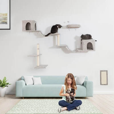 Sevobal Pet Tower, Modern Wall-Mounted Cat Shelves With Cat House, Bridge, Steps, Stable Cat Climber For Indoor, Gray, 92.65"*13.55"*13.25" 4 Sevobal Pet Tower, Modern Wall-Mounted Cat Shelves With Cat House, Bridge, Steps, Stable Cat Climber For Indoor, Gray, 92.65"*13.55"*13.25" - Image 2