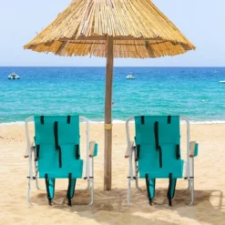 Sevobal Outdoor Portable Chairs 2PCS Reclining Beach Chair Set With Cup Holder And Headrest For Lawn Patio Deck Garden, Blue, 23"*21.7"*31.5"