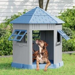 SEVOBAL Pet Crates And Houses Barn Dog House Removable Roof Easy Cleaning Waterproof UV Protected For Outdoor Yard Patio, Blue, 34.8"*30.51"*36.89"