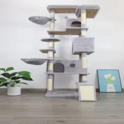 SEVOBAL Pet Tower 84-Inch Multi-Level With Spacious Condo, Hammock With Sisal Scratching Posts For Multiple Cats, Light Gray, 24.41"*15.35"*20.47"