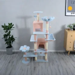 SEVOBAL Pet Tower Floral Cat Tree With Spacious Condo And Hammock, Multi-Level Playground For All Age Cats Playing, Sleeping, Blue, 20"*20"*14.4"