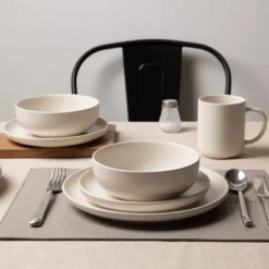 SEVOBAL 12-Piece Stoneware Dinnerware Set Microwave Dishwasher Friendly Stackable Matte Glaze Plates Bowls Service For 4, White, 10"*10"*2.4" -Household Items GUEST e91d01d1 a0cb 4e23 9262 0d6f68622929