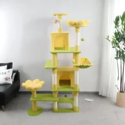 SEVOBAL Pet Tower Floral Cat Tree With Spacious Condo And Hammock, Multi-Level Playground For All Age Cats Playing, Sleeping, Yellow, 20"*20"*14.4"