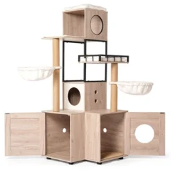SEVOBAL Pet Tower All-in-One Cat Tree With Litter Box Enclosure, Featuring Hammock, Bed, Food Station, Scratching Posts, Beige, 29.13"*22.83"*9.25" -Household Items GUEST ed290bff 0c55 43a2 b6bc 59a15a1a0dd0