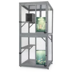 SEVOBAL Pet Crates And Houses Cat Window Catio Wood Enclosure Wheels Lockable Doors For Outdoor And Indoor, Gray, 31.5"*31.5"*70.28"