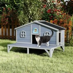 SEVOBAL Pet Crates And Houses All Weather Wooden Cat House Play Pen Cozy Fringe Curtains Lockable Doors For Outdoor Patio, Gray, 43.31"*31.1"*29.13" -Household Items GUEST f1687a0c c8da 4720 be49 d845f6cc7eb3