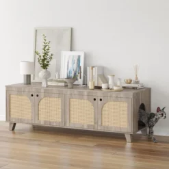 SEVOBAL Pet Crates And Houses Double Large Hidden Cat Litter Box Enclosure Furniture Cabinet With Rattan Doors, Brown, 57.9"*19.7"*19.7" -Household Items GUEST f379a262 4649 4fbc 95ff 83caa63eaf1d