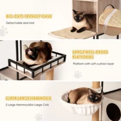 SEVOBAL Pet Tower All-in-One Cat Tree With Litter Box Enclosure, Featuring Hammock, Bed, Food Station, Scratching Posts, Beige, 29.13"*22.83"*9.25" -Household Items GUEST f4db45af 1dd0 46f8 9531 61ac5c10890a