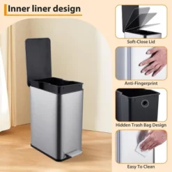 SEVOBAL Trash Can Kitchen Garbage Can Trash Cans Rectangle Stainless Steel With Soft Close Lid Step Foot Pedal Bathroom Toilet, Black, 14"*10"*10" -Household Items GUEST f5d01c2b ad3b 49f5 a3a7 4bed8733dbd2