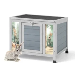 SEVOBAL Pet Crates And Houses Wooden Rabbit Hutch With Door Weatherproof Roof For Outdoor Rabbits Guinea Pigs Cats Chicks, Gray, 23.62"*18.62"*19.5" -Household Items GUEST f6c3e37d 7bcc 4253 a264 e2b6b06832c7
