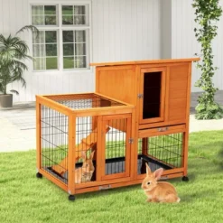 Sevobal Pet Carriers, Portable Rabbit Hutch With Wheels, Indoor Outdoor Fence For Yard, Orange, 38.98"*23.82"*36.61"